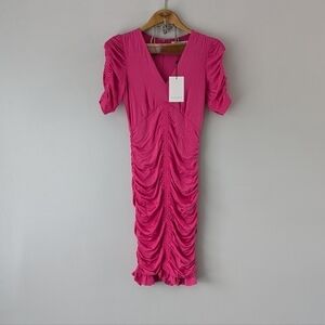 Hale Bob Dress Women's XS Pink Raspberry Bronwen Solid Jersey Shirred NEW